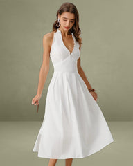 White V Neck Halter Sleeveless Midi Dress