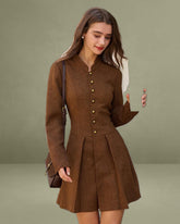 Brown Ruched Button A-Line Mini Dress