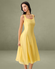 Yellow Square Neck Pleated Slip Midi Dress