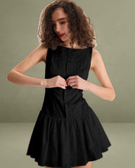 Women's Black Boat Neck Jacquard Cotton Mini Dress