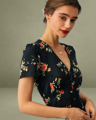 Black V-Neck Floral Short-Sleeve Maxi Dress