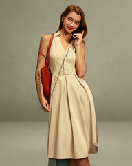 Apricot Button Sleeveless Midi Dress
