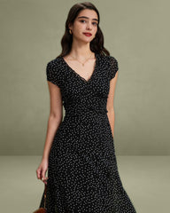 Black V Neck Polka Dot Midi Dress