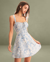 Blue Floral Ruched Slip Corset Mini Dress