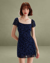 Blue Floral Square Neck Mesh Mini Dress