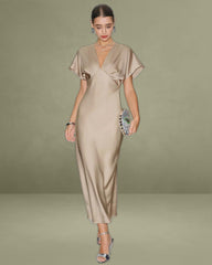 Apricot V Neck A-Line Satin Midi Dress