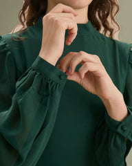 The Green Stand Collar Sheer Slit Mini Dress