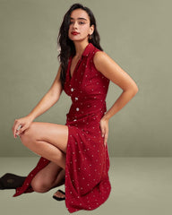 The Red V Neck Polka Dot Tie Back Midi Dress