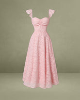 Pink Jacquard Ruched Square Neck Midi Dress