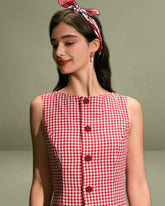 Red Boat Neck Plaid Mini Dress