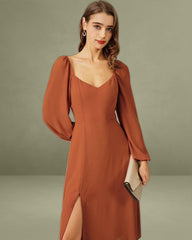 Red Puffed Sleeve Slit Midi Dress