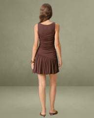 Brown Boat Neck Ruched Sleeveless Mini Dress