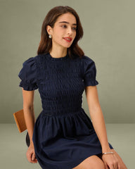 Blue Shirred Puffed Sleeve Mini Dress