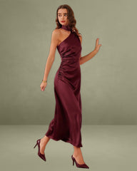 Wine Red Satin One Shoulder Maxi Dress
