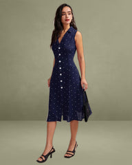 Navy V Neck Polka Dot Tie Back Midi Dress