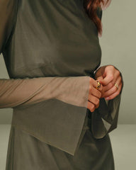 Green Mesh Boat Neck A-Line Mini Dress