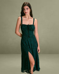 The Green Square Neck Jacquard Slit Midi Dress