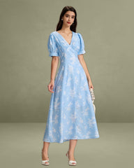 Blue Floral Puffed Sleeve Ruched Midi Dress