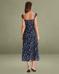 Navy Floral Sweetheart Neck Midi Dress