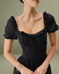 Black Square Neck Puffed Sleeve Midi Dress
