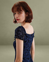 Blue Floral Square Neck Mesh Mini Dress