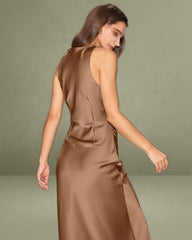 Coffee Satin Boat Neck Slip Midi Dress