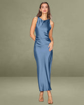 Blue Satin Boat Neck Slip Midi Dress