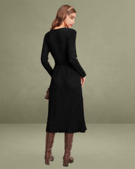 Black V Neck Wrap Knit Midi Dress