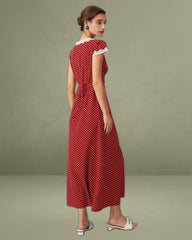 The Red V Neck Polka Dot Lace Ruched Maxi Dress