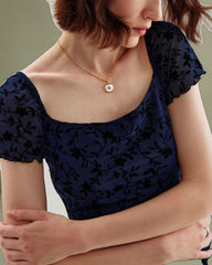 Blue Floral Square Neck Mesh Mini Dress