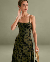 Green Floral Burnout A-Line Slip Midi Dress