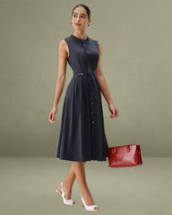 Navy Mock Neck High Waist Midi Dress