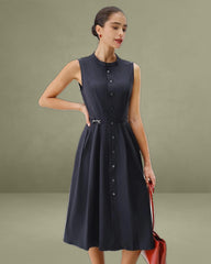 Navy Mock Neck High Waist Midi Dress