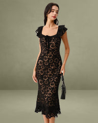 Black Textured Ruffled Mermaid Mid-length Dress