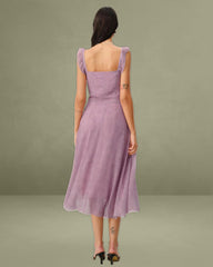 Purple Floral Square Neck Ruffle Slip Midi Dress