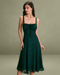 The Green Square Neck Jacquard Slit Midi Dress