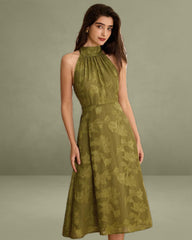 The Green Jacquard Ruched Halter Midi Dress
