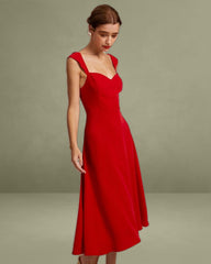 The Red Sweetheart Neck Cap Sleeve Midi Dress