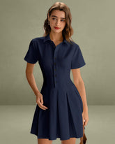 Navy Button Pleated Mini Dress