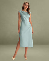 Blue Satin Boat Neck Slit Sleeveless Midi Dress