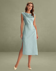 Blue Satin Boat Neck Slit Sleeveless Midi Dress