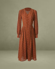 Brown Polka Dot Pleated Midi Dress