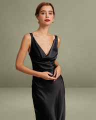 Black Cowl Neck Sheath Satin Maxi Dress