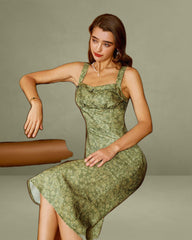 Green Floral Square Neck Slip Midi Dress