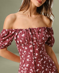 Wine Red Floral Square Neck Puffed Sleeve Midi Dress