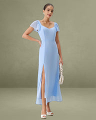 Blue Sweetheart Neck Chiffon Maxi Dress