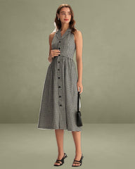 Black Plaid Sleeveless Button Midi Dress