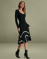 The Black Wave Scalloped Sweater Midi Dress