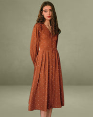 Brown Polka Dot Pleated Midi Dress