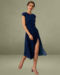 The Navy Round Neck Polka Dot Cutout Midi Dress